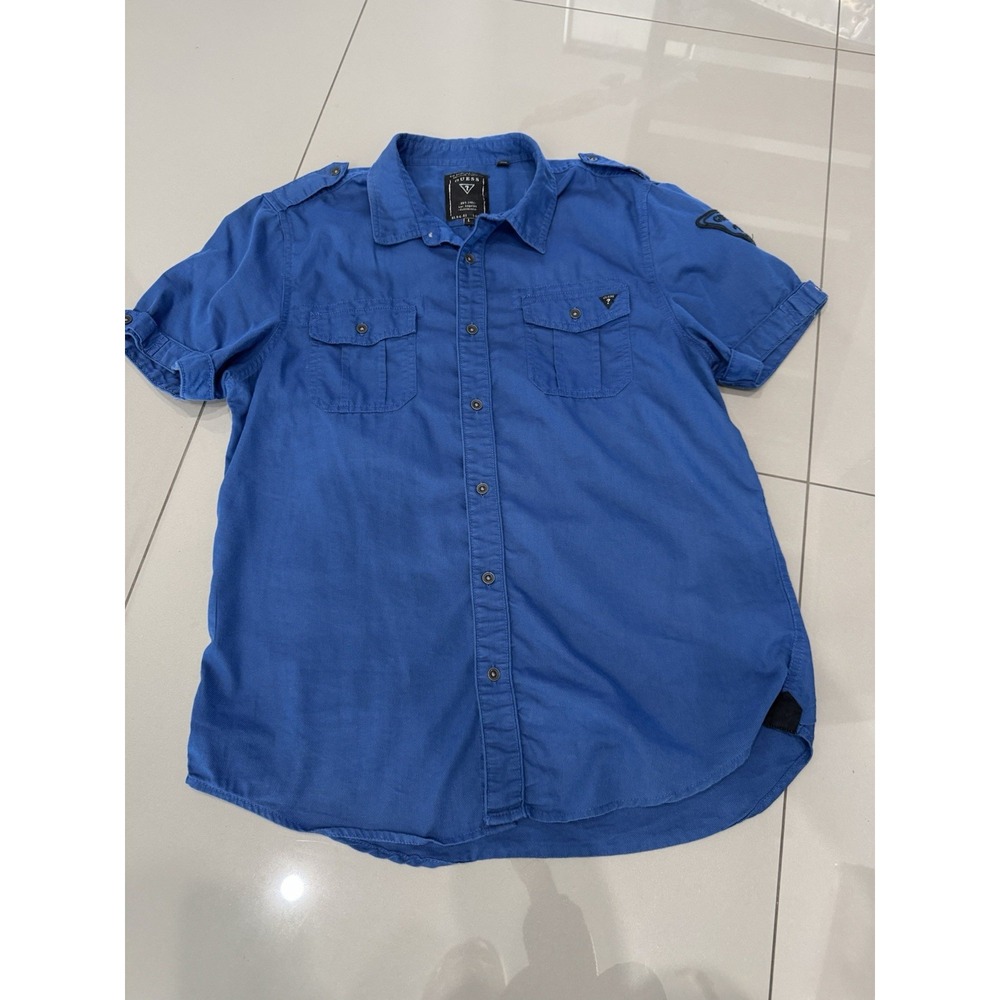 GUESS Shirt Mens L Slim Button Up Long Sleeve Cotton Blue